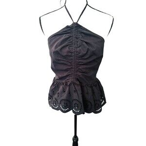 INC Black Halter Top NWT Large Ruched Eyelet Peplum Date Night Boho Chic